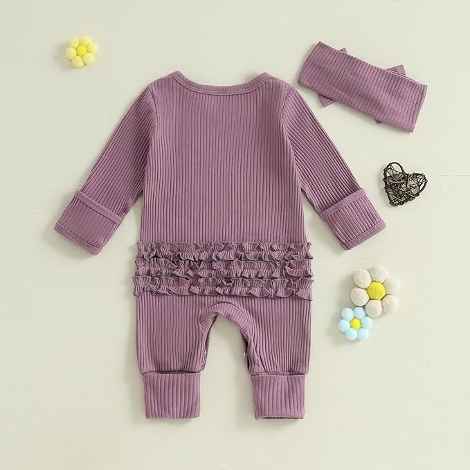 Newborn Girl Clothes Baby Girl Coming Home Outfit Zipper One-piece Outfits Ruffle Footie Bodysuit Jumpsuit Headband