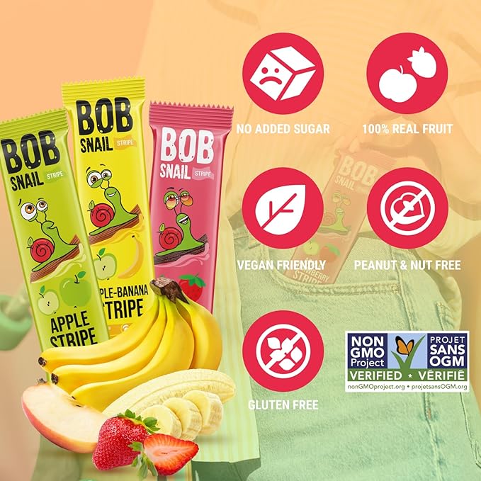 BOB SNAIL Healthy Organic Fruit Snacks for Kids and Adults – 30 Organic Fruit Leather Snacks with Apple, Banana, Strawberry – Vegan Low-Carb Variety Pack Strips for Kids – Sugar Free Jerky Bars