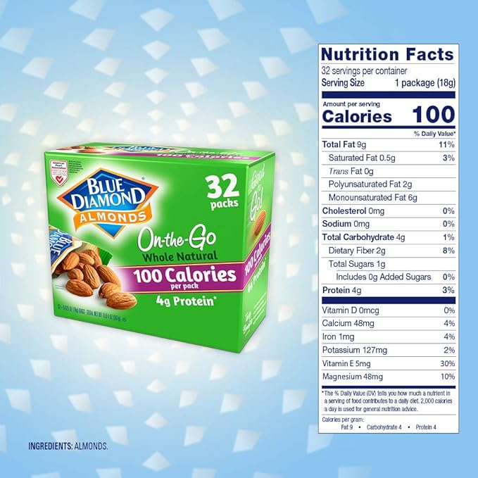 Blue Diamond Almonds Whole Natural Raw Snack Nuts, 100 Calorie Travel Bags, 32 count