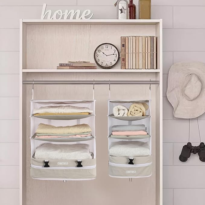 TABITORA Portable Hanging Travel Shelves Bag Packing Cube Organizer Suitcase Storage Large Capacity (Cream white L)