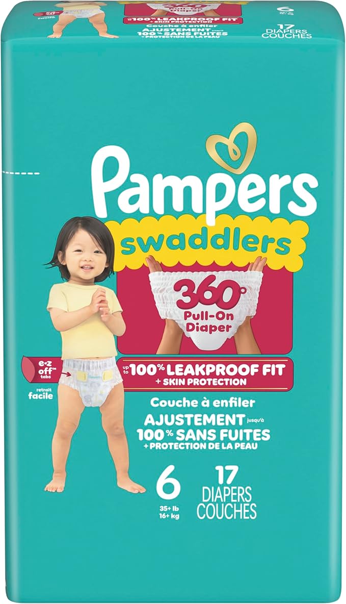Pampers Diapers - Swaddlers 360° - Size 6, 17 Count, up to 100% Leakproof Comfy Dry Fit, Designed for Easy Changes, Pull On Baby Diaper