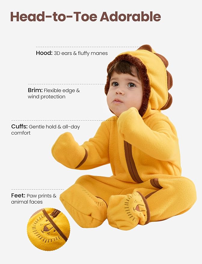 PATPAT Fleece Hooded Footed Romper Clothes, Soft Warm Footie Covers, Car Seat Friendly, Easy Zip, Cute Boy Girl