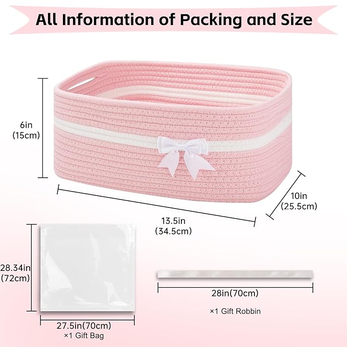 OIAHOMY Large Woven Storage Basket with Handles for Nursery Living Room Shelves, Bow Basket for Gifts Empty with Gift Bags and Ribbons for Baby Showers Pet Toy Bin - Pink