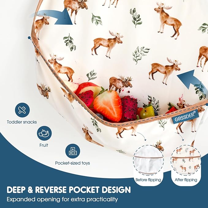 GRSSDER 3-pack Mess Proof Baby Feeding Bibs with Food Catcher Pocket, Soft Lightweight Waterproof Fabric Material with Zero Plastic-like Feel, Adjustable and Easy Clean Toddler Bibs for 6-36 Months