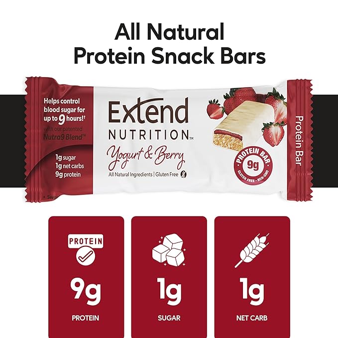 Extend Nutrition 1 Gram Sugar High Protein Bars, Perfect Diabetic Snacks for Adults and Kids, High Protein Bars for Hunger Control & Steady Energy, Low Carb, Keto Friendly, Yogurt and Berry, 12 Count