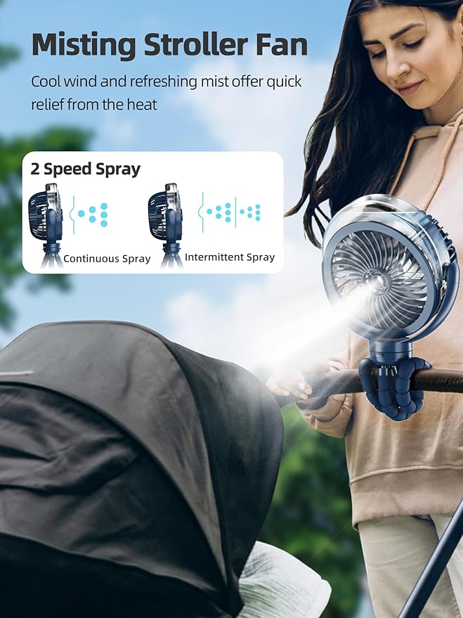 Misting Stroller Fan, 6000mAh Battery Operated Portable Fan with Light & 360° Pivoting, Personal Cooling Fans with Flexible Tripod for Baby, Office, Travel,Treadmill,Outdoors (Dark Blue)
