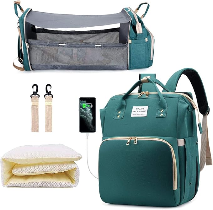 Diaper Bag Backpack with Changing Station, Nappy Baby Bags with Portable Changing Pad, 900D Waterproof Multi-Function Travel Portable Mommy Bag, Green