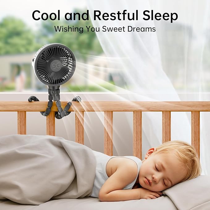 GUSGU Baby Stroller Fan with Clip, Rechargeable & Battery Operated Portable Fan with 16H Max Runtime, Hands Free 360° Adjustable Quiet Personal Fan for Travel, Car Seat, Crib, Trolley, Bedroom