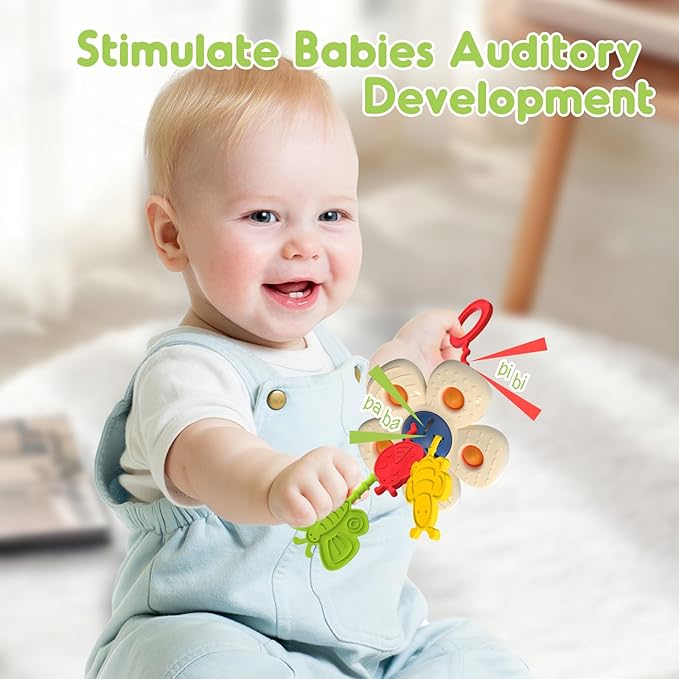 Baby Sensory Montessori Toy for 6-12-18 Months, Soft Silicone Popper Pull String Teething Travel Toys for Car Seat, Toddler Learning Early Develop for Infant 1 2 Boys Girls Christmas Birthday Gifts