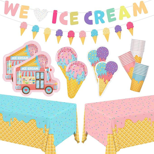 Ice Cream Party Supplies Kit for 24: Ultimate Bundle with Vibrant Paper Plates, Napkins, Cups, Tablecloth & Banner - Ice Cream Birthday Party Decorations