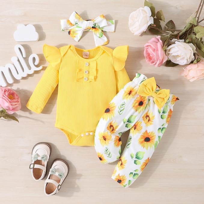 GDTOGRT Baby Girl Clothes Newborn Infant Outfits Ruffle Romper+ Floral Pants + Cute Headband Sets for Girls