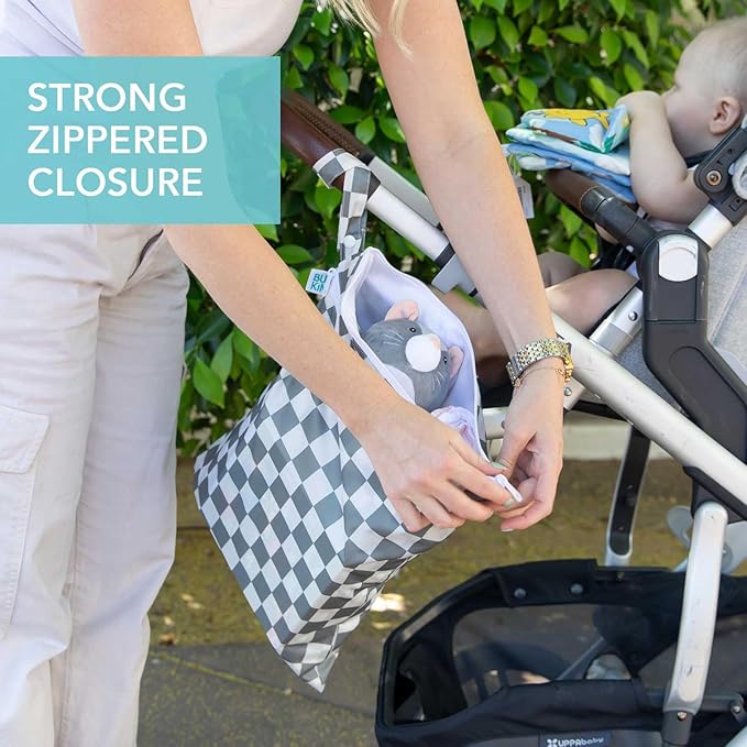 Bumkins Waterproof Wet Dry Bag for Baby, Travel, Swim Suit, Cloth Diapers, Pump Parts, Pool, Beach, Gym Clothes, Toiletry, Hook to Stroller, Daycare, Zipper Reusable Wetdry Packing Pouch, Gray Check