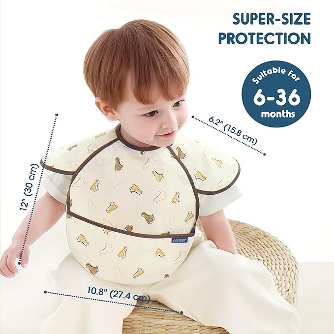 GRSSDER 3-pack Mess Proof Baby Feeding Bibs with Food Catcher Pocket, Soft Lightweight Waterproof Fabric Material with Zero Plastic-like Feel, Adjustable and Easy Clean Toddler Bibs for 6-36 Months