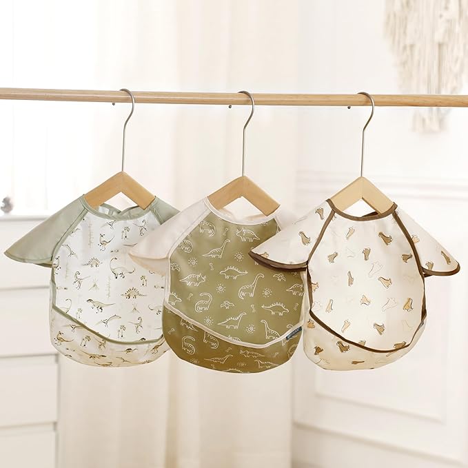 GRSSDER 3-pack Mess Proof Baby Feeding Bibs with Food Catcher Pocket, Soft Lightweight Waterproof Fabric Material with Zero Plastic-like Feel, Adjustable and Easy Clean Toddler Bibs for 6-36 Months