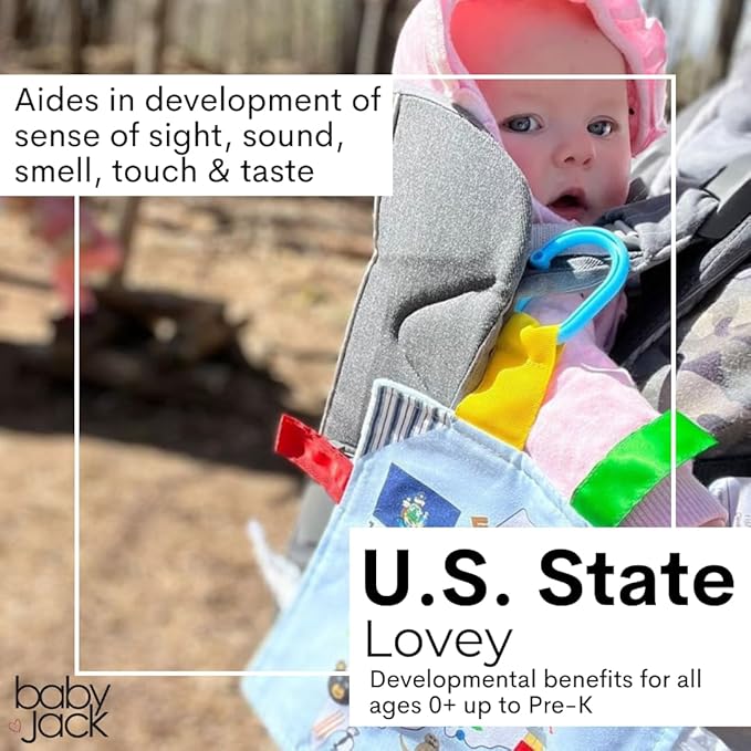Baby Jack & Co 8x8” Learning Lovey Vermont State Tag Stroller Toy for Babies - Crinkle Toys for Developing Five Senses - Learn About Capitals - Travel with Baby Jack - BPA Free Clip