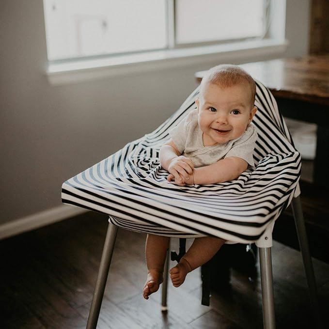 Parker Baby 4 in 1 Car Seat Cover for Girls and Boys - Stretchy Carseat Canopy, Nursing Cover, Grocery Cart Cover, High Chair Cover - Gray/White Stripes