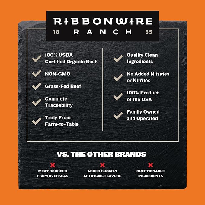 Ribbonwire Ranch Beef Sticks, Made with Organic Beef, Pasture Raised, High Protein Snack, Healthy, Low Carb, Keto Friendly, Gluten Free, Nitrate Free, On the Go, 1 Oz Sticks, Honey BBQ Flavor, 12 Pack