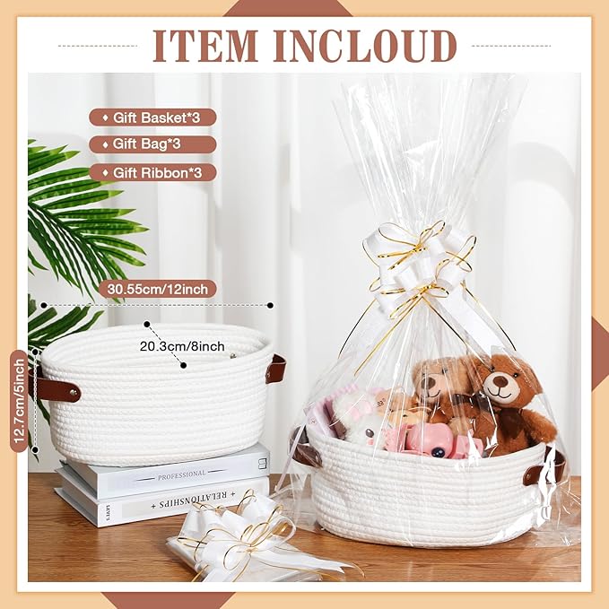 3 Pack Small Woven Basket for Gifts with Handles Clear Bags and Ribbons Empty Storage Basket Decorative Chest Box for Birthday Present Baby Shower Wedding(White,12"x 8"x 5")