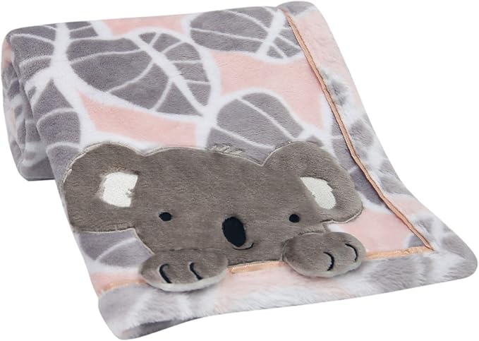 Lambs & Ivy Calypso Pink/Gray Koala Leaf Print Luxury Coral Fleece Baby Blanket