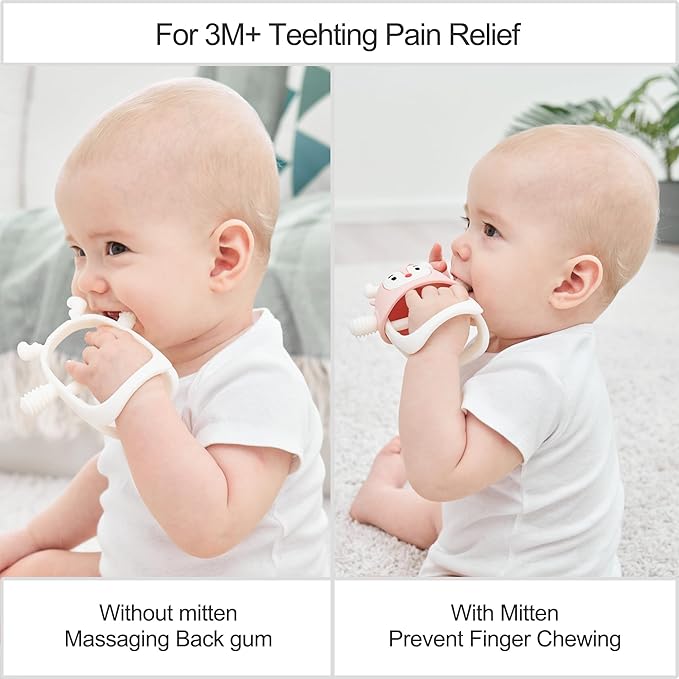 Smily Mia Teething Toys for Babies 0-12 Months, Penguin and Reindeer Baby Gift Set, Chew Toys 3M+, Hand Teether Set, Light Pink