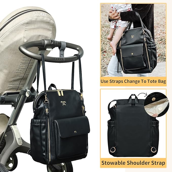 Miss Fong Leather Diaper Backpack - Baby Diaper Bag with 13 Pockets, Changing Pad, Stroller Straps, 4 Insulated Pockets (Black)