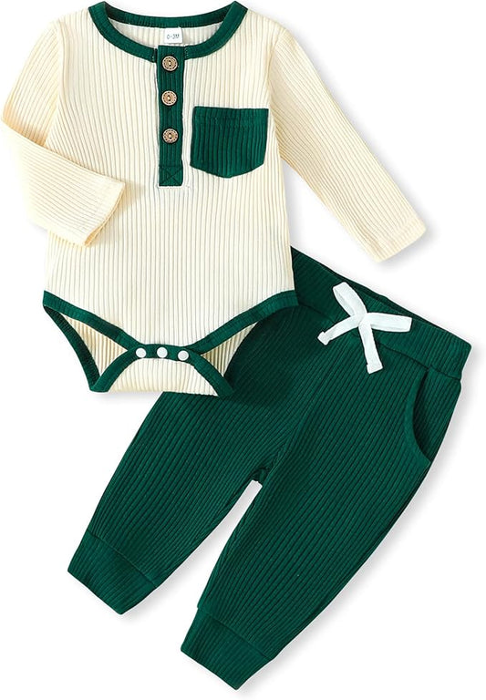 Newborn Baby Boy Girl Clothes Ribbed Knit Cotton Long Sleeve Romper Long Pant Preemie Solid Color Unisex Outfits