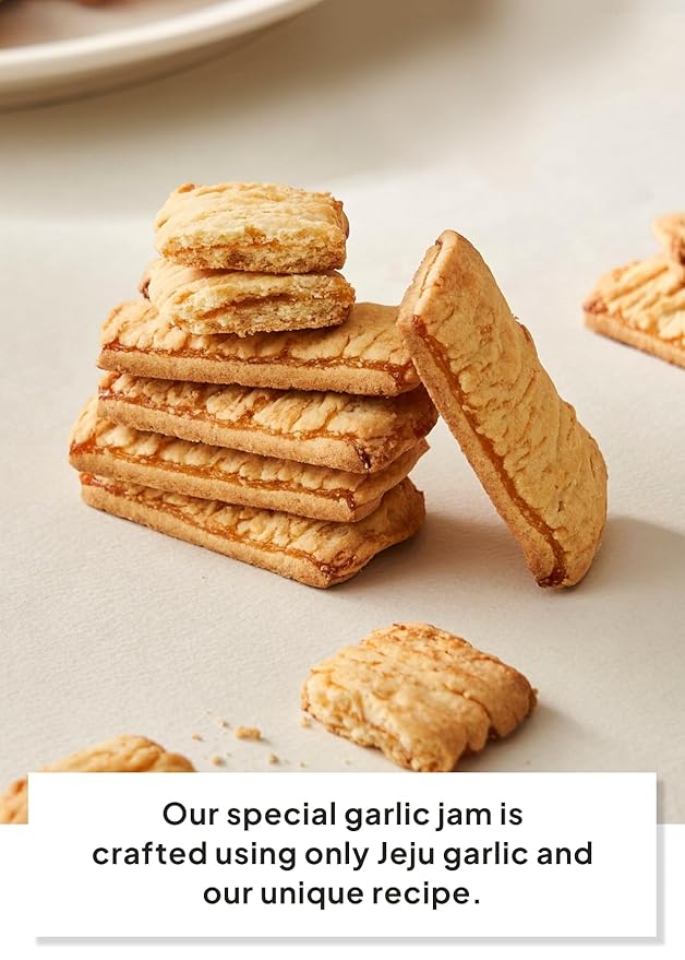 Korean Food JEKISS Jeju Garlic Sable Sand Cookies – Crunchy Butter Biscuit with Jeju Garlic Cream, 10 Individually Wrapped Pieces, Perfect for Gifting (180g)