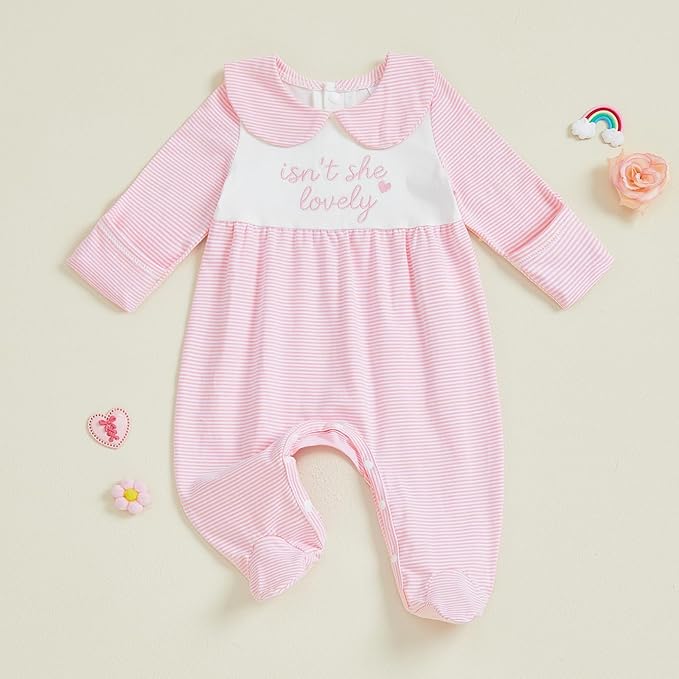 Newborn Baby Girl Footed Romper Onesie Little Sister Embroidery Fall Clothes Coming Home Outfit Vintage Jumpsuit