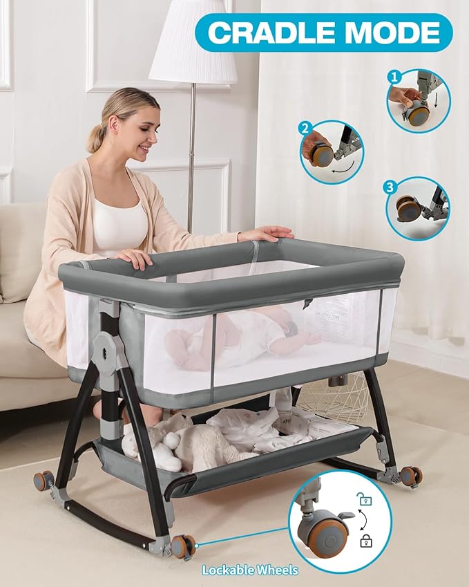 Baby Bassinet, Bassinet Bedside Sleeper with Wheels, Breathable Mesh Bedside Bassinet for Baby, Mosquito Net, Storage Basket, 6 Height Adjustable, Easy to Fold, Grey