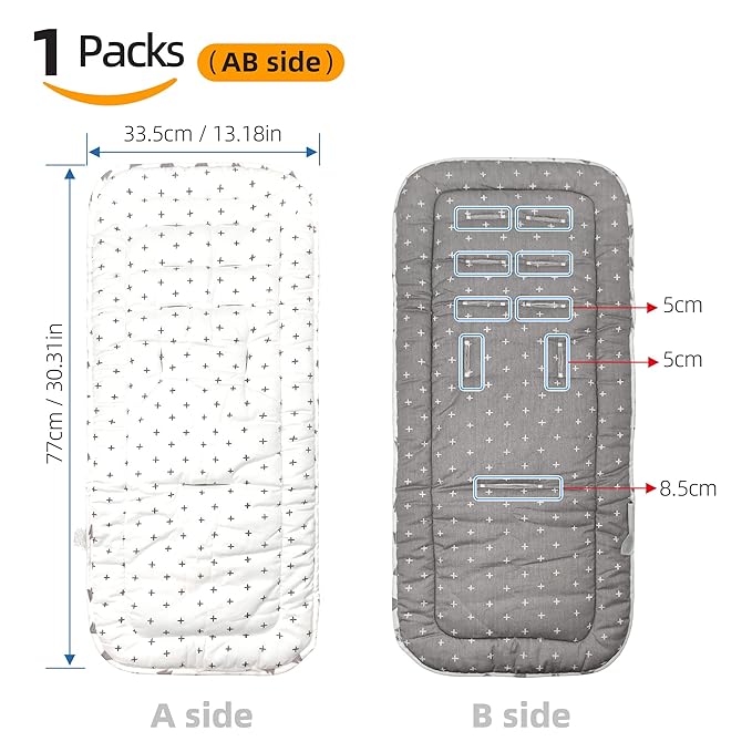 Baby Carriage Cushion, Universal Breathable Stroller Mat, Stroller Cushion for Strollers 100% Cotton, 34x78cm 1 Pack(White+Grey Cross)