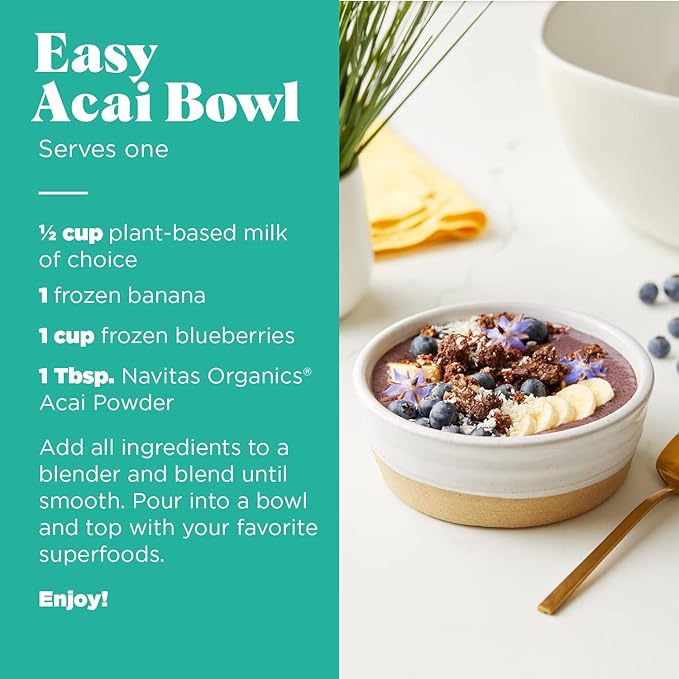 Navitas Organics Acai Powder – for Smoothie Bowls, Oatmeal, Dips, Sauces & More – Antioxidants, Omega 3 6 9, Fiber - USDA Organic, Non GMO, Kosher, Gluten Free, Keto (8oz. Bag, 76 Servings)