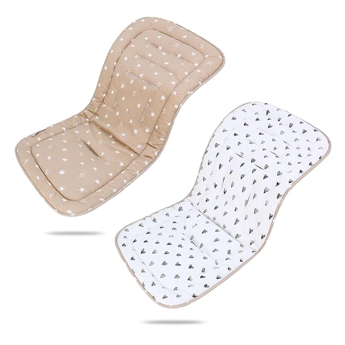 Baby Stroller Cushion,Infant Car Seat Insert-Reversible Universal Breathable and Soft Newborn Stroller Mat,100% Cotton Cover Toddler Seat Pad Liner-34x78cm,1 Pack(Black Heart+Khaki)