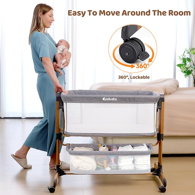 Ezebaby 3-in-1 Rocking Bassinet for Baby Adjustable Baby Bassinets Bedside Sleeper with Wheels Storage Basket and Mesh Sides for Newborn Infant