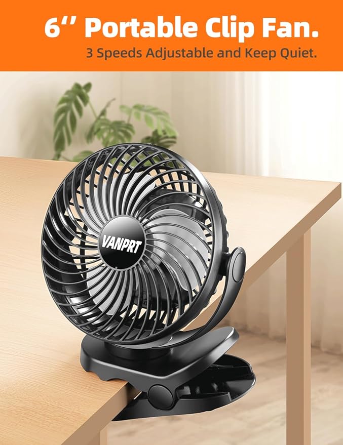 6'' Clip Fan, Portable Clamp Fans with Hanging Hook, 5000mAh Rechargeable Battery Fan, 3 Speeds, 720° Rotation, Quiet, Strong Grip Clamp, 7-30 Working Hours for Camp Stroller Bed - Black