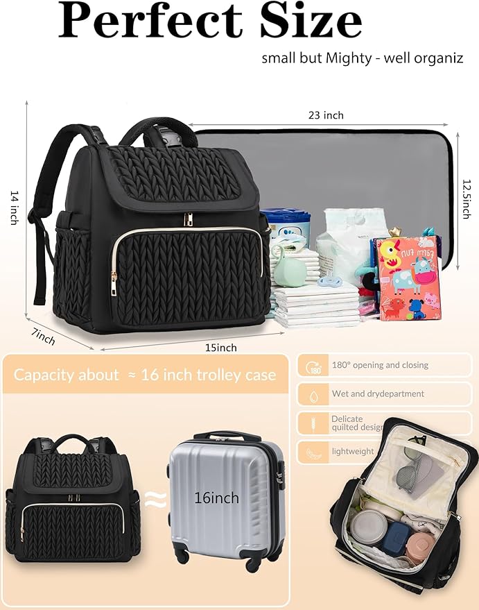 Diaper Bag Backpack, Baby Bag with Changing Pad, Travel Waterproof Diaper Bag Tote, Newborn Essentials Must Haves, Luxury baby shower gifts for boys & Girls, Black