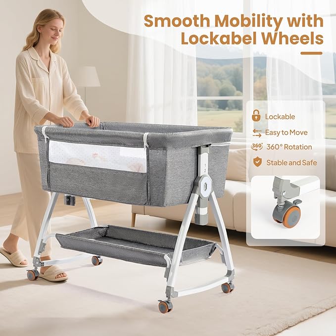 JOYMOR 3 in 1 Baby Bassinet, Bedside Bassinet for Baby, with Comfy Mattress and Wheels, 6 Height Adjustable Easy Folding Portable Bedside Crib for Newborn (Gray)