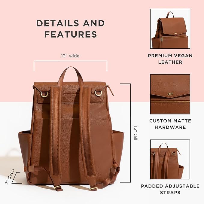 Freshly Picked Classic II Diaper Bag Backpack, Wipeable Vegan Leather With Changing Pad, Convertible (Cognac V2)
