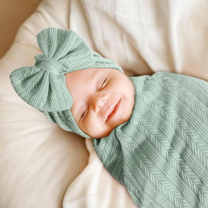 Newborn Receiving Blanket with Bow Hat Mittens Wooden Card Set Wheat-Pattern Newborns Toddler Baby Boy Girl Nursery Swaddle Wrap