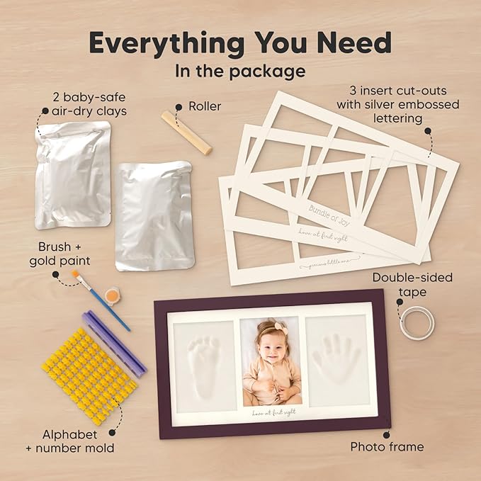 Baby Hand and Footprint Kit - Clay Handprint Keepsake Frame, Newborn Nursery Picture Frame, Personalized New Mom Gifts for Baby Shower & Registry (Auburn)