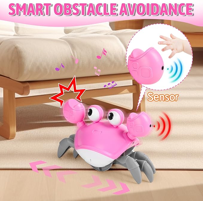 Crawling Crab Baby Girl Toy: Tummy Time Toys for Infant 3 6 9 12 18 24 36 Months, Pink Walking Dancing Sensing Crab for Toddler Age 1 2 3 4, 1st Music Birthday Gifts for Girls