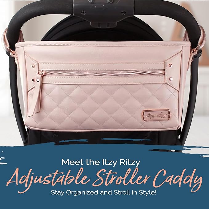 Itzy Ritzy Adjustable Stroller Caddy/Organizer - Stroller Organizer Bag Featuring Front Zippered Pocket, 2 Built-in Interior Pockets & Adjustable Straps to Fit Nearly Any Stroller (Blush)
