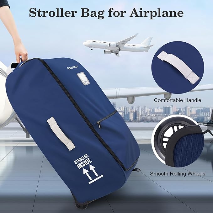 Stroller Bag for Airplane, Stroller Travel Bag Compatible with UPPAbaby Vista, Vista V2, Cruz V2, Rolling Wheel Bag with Storage Pocket, Multiple Handles, Luggage Tag for Flight Travel, Navy