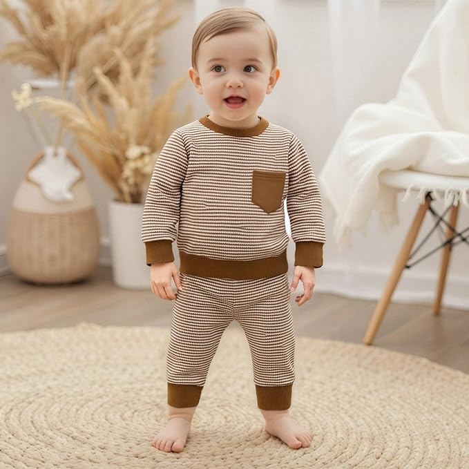 Baby Boy Toddler Fall Outfit Striped Sweatshirt Toddler Boy Winter Waffle Clothes 3 6 12 18 Months 2 3 T Pant Set
