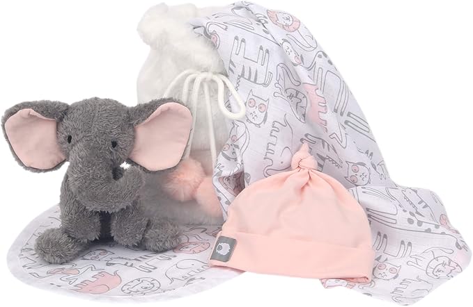 Lambs & Ivy 5 Piece Pink/Gray Plush Infant/Newborn Baby Gift Bag w/Swaddle