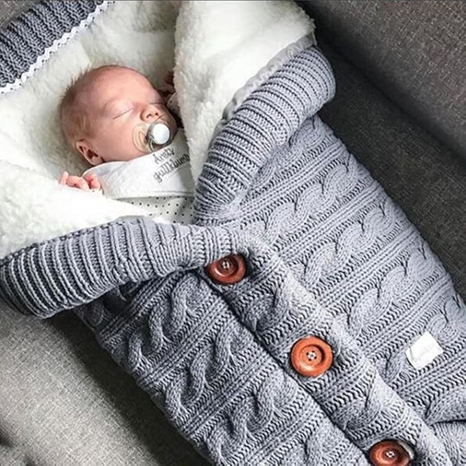 insular Warm Baby Sleeping Bag Envelope Winter Kid Sleepsack Footmuff Stroller Knitted Sleep Sack Newborn Knit Wool Swaddling Blanket (Light Gray)