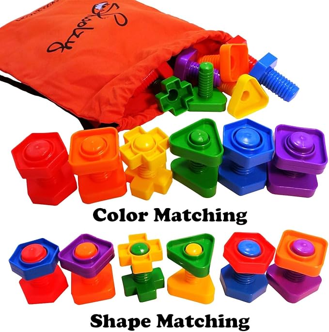 Skoolzy 24-Piece Nuts and Bolts - Montessori Motor Skill Set for 18 Month+ Kids with eBook