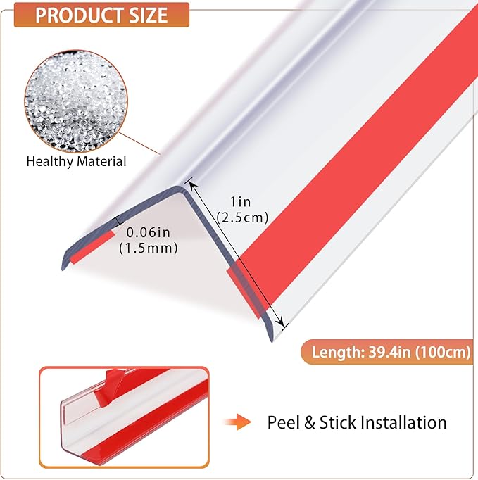 Clear Self Adhesive Wall Corner Protectors, Thickened L-Shaped Peel and Stick Furniture Edge Shields & Guards for Sharp Wall, Door Frame, Table (2pcs x 39.4''L x 1''W)