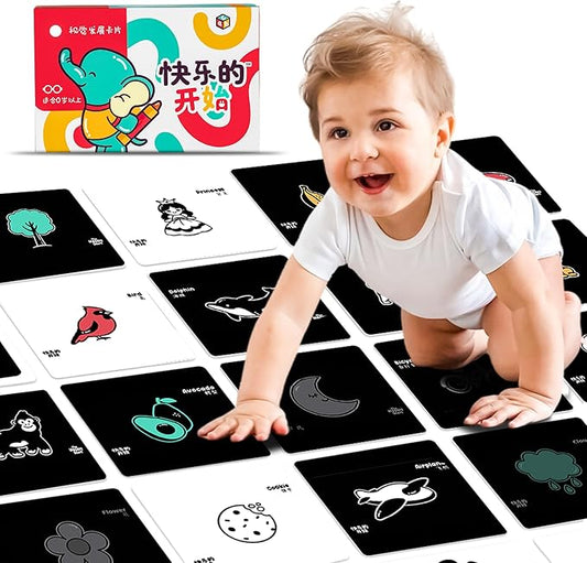 Happy Start High Contrast Baby Cards for Newborns - Black & White Cards, Water-Resistant, BPA-Free, Portable Educational Flashcards for Visual Stimulation, Award-Winning, Ages 0+ (English & Chinese)