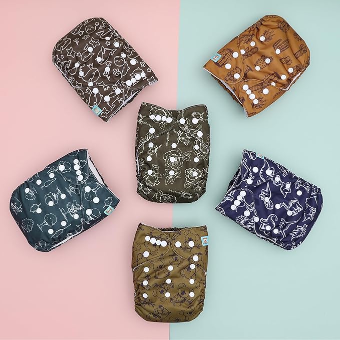 ALVABABY 6 Pack Cloth Diaper with 12 Inserts One Size Adjustable Washable Reusable Diaper Cover for Baby Girls and Boys