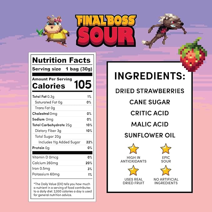 Final Boss Sour Candy, Sour Strawberries, 10 Pack, Level 1, Fruit Chews with Real Dried Fruit, No Artificial Colors or Flavors, Low Calorie Snack for Kids, Teens, Adults, Lunch Boxes & On The Go